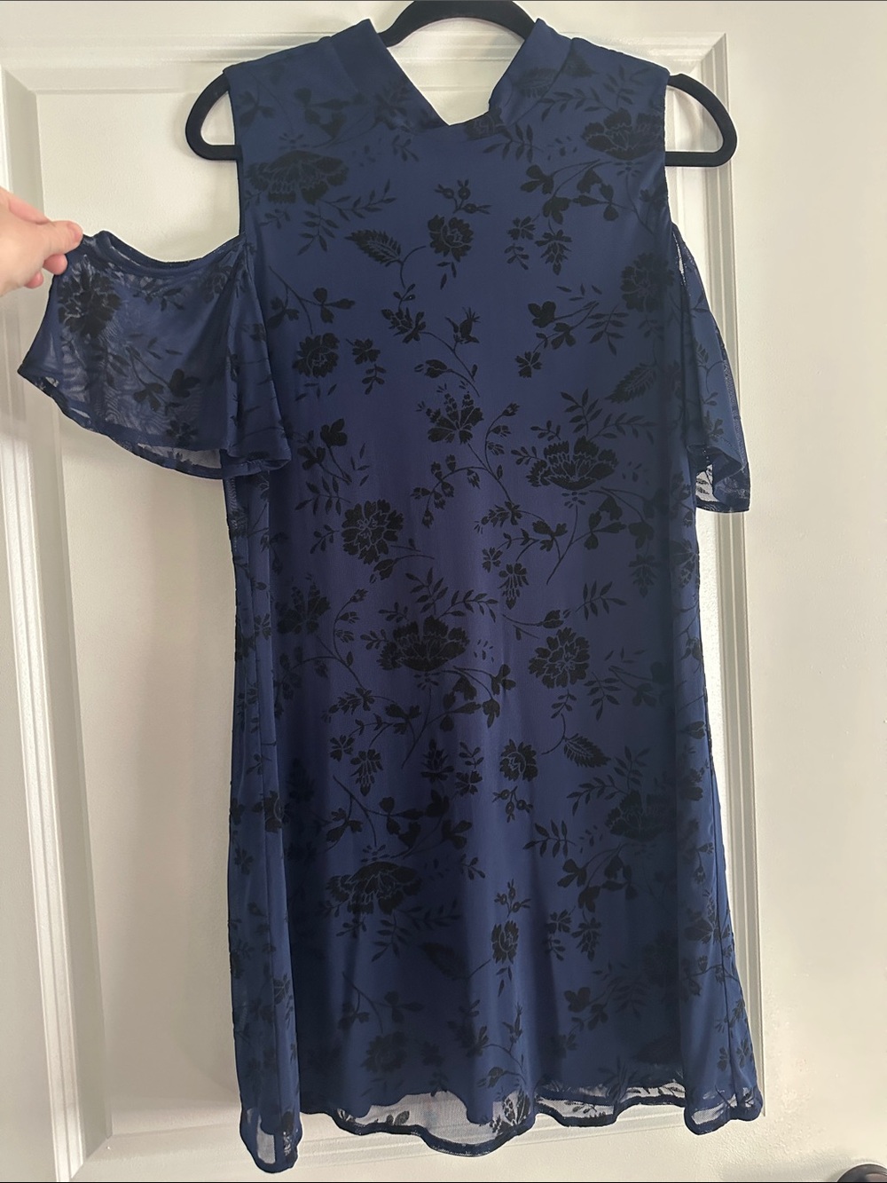 Navy Floral Cold-Shoulder Mock Neck Mini Dress